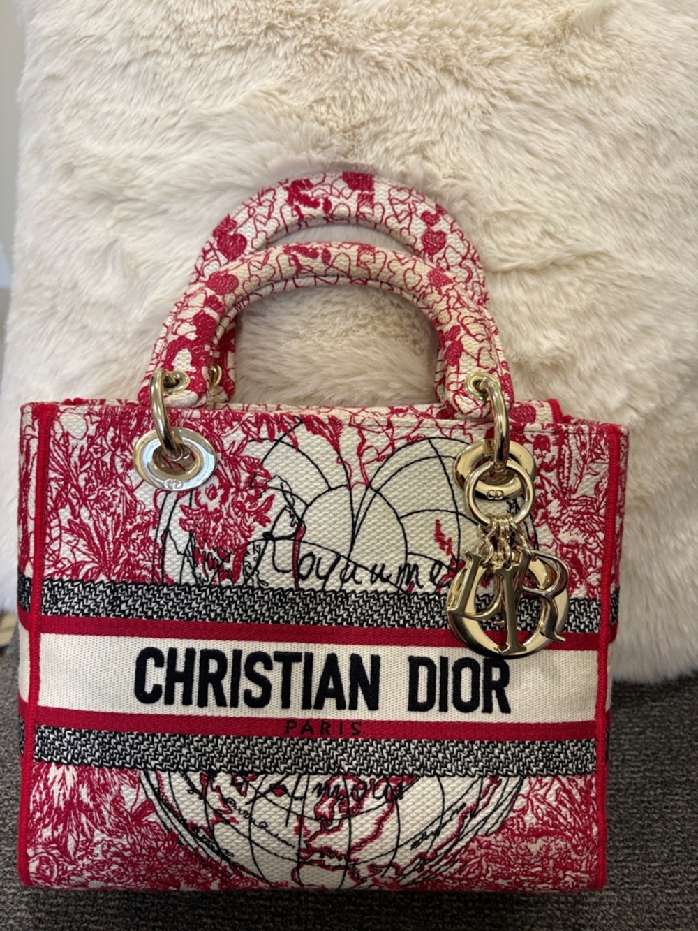 Red and beige Mini Lady Dior Tote